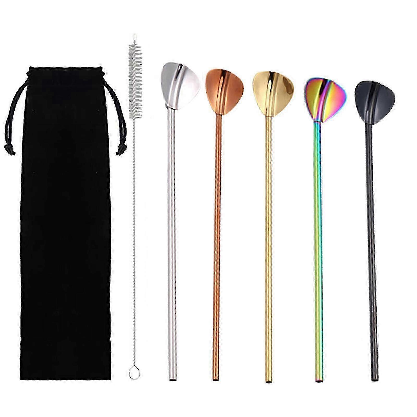 Eco-Friendly Reusable Straws with Built-in Spoon Stainless Steel Cleaning Brush Storage Bag and Drinking Fork Set