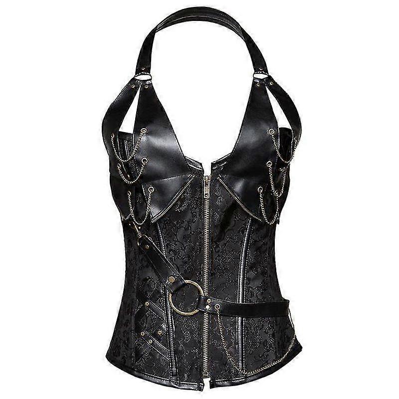 Nouvelle robe de cour européenne et américaine, corset en cuir marron à baleines en acier, style punk, avec ceinture et col halter.
