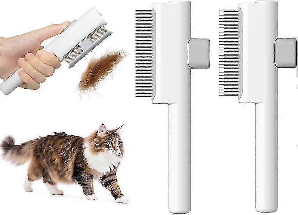 2Pcs Cat Combs, Self-Cleaning Flea Comb for Cats, Cat Grooming Brush with Release Button and Metal Round Teeth for Removing Matted & Loose Fur