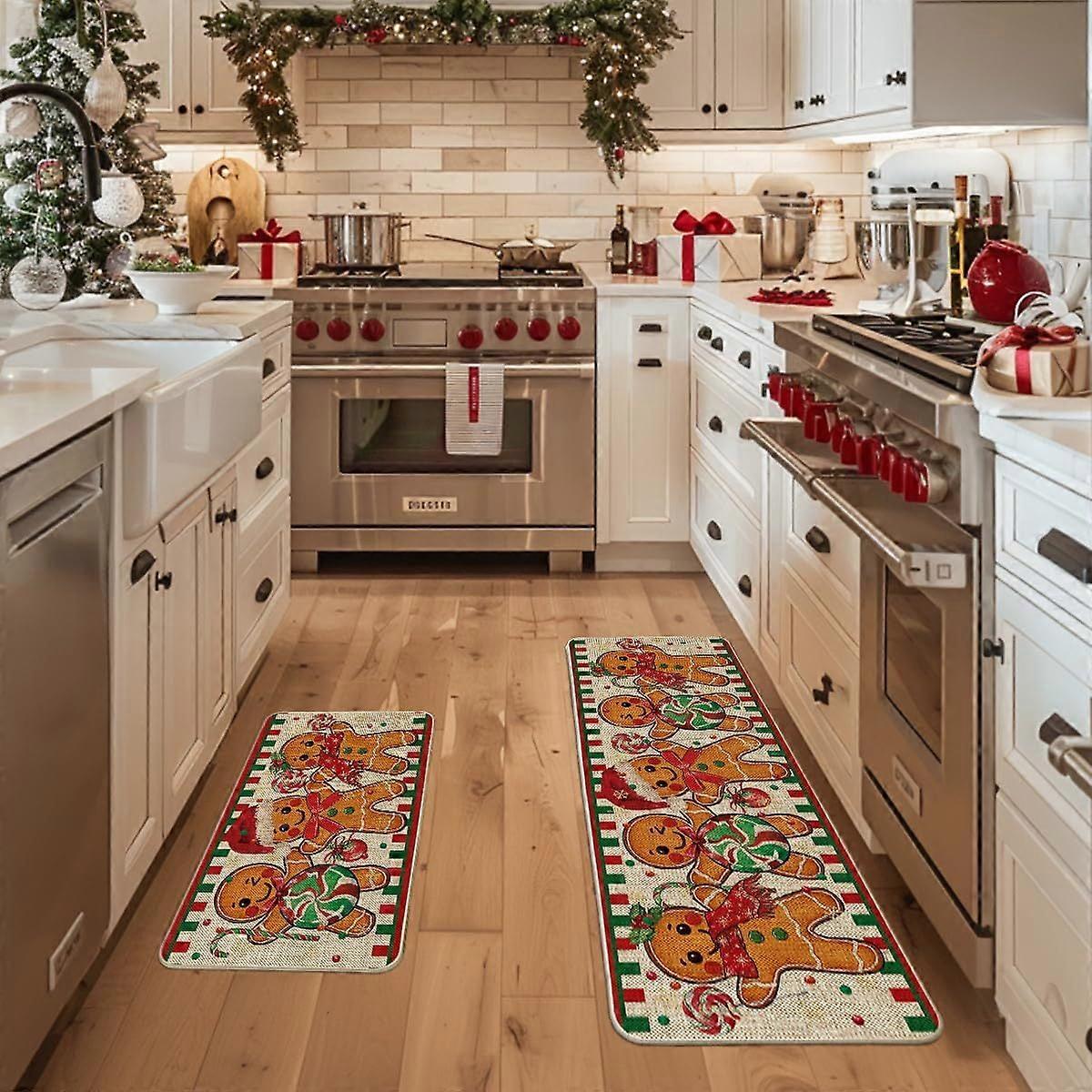 2pcs Gingerbread Candy Cane Christmas Kitchen Mats, Non-Slip Polyester with Rubber Backing, Rectangular Holiday Decor