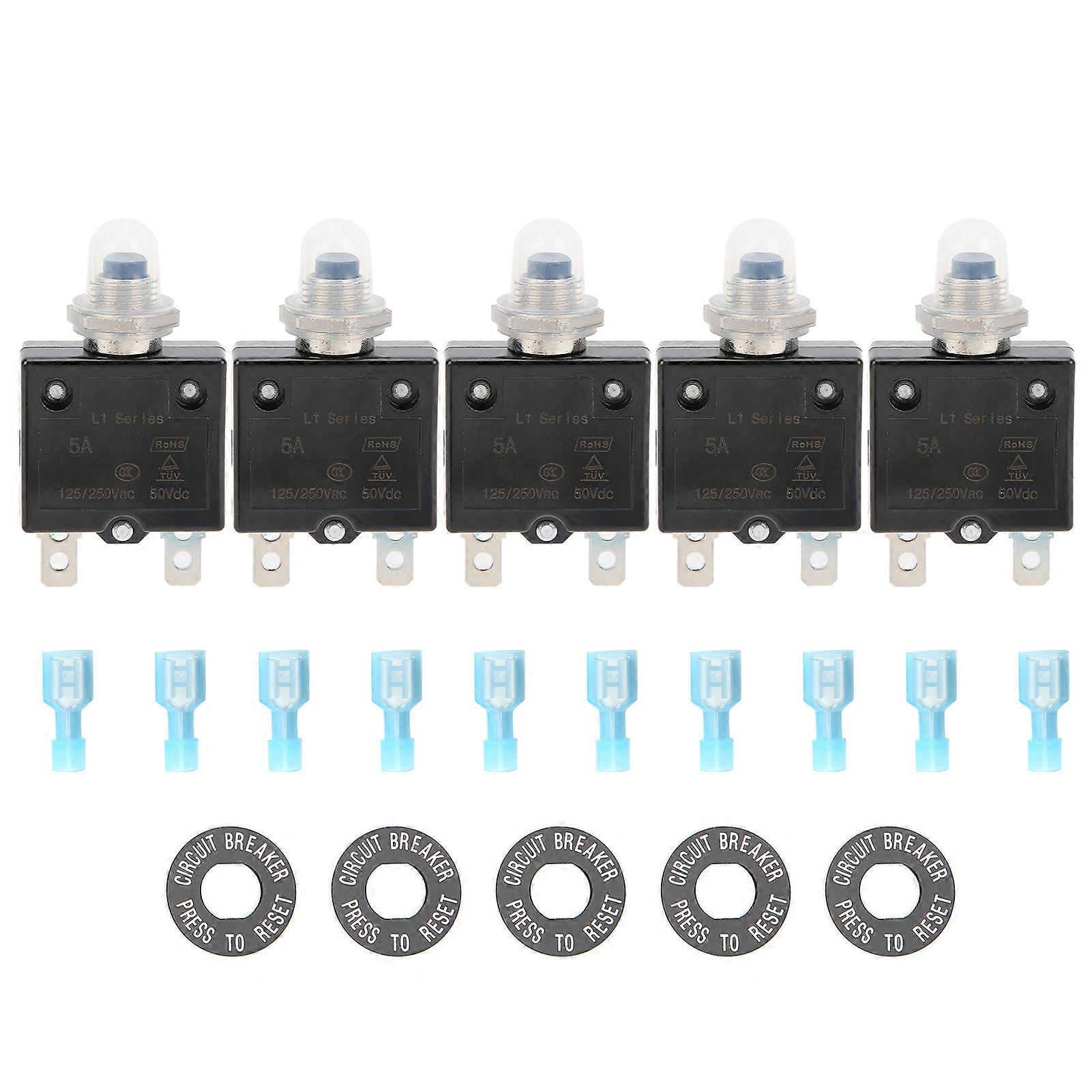 5A Thermal Circuit Breaker with Quick Connect Terminals Waterproof Cap Kit Push Button Manual Reset