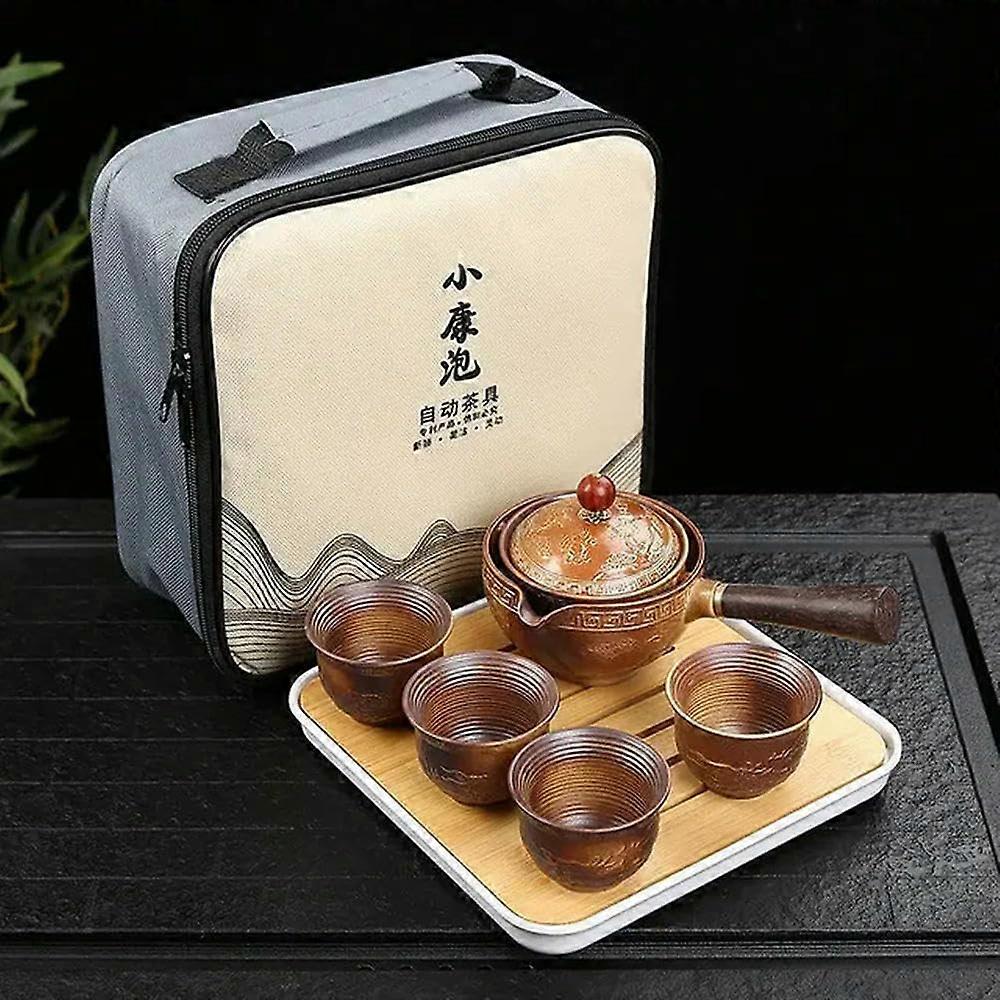Ceramic Kung Fu Tea Set with 360° Rotating SemiAutomatic Teapot and Side Handle, Portable Travel Chinese Tea Set