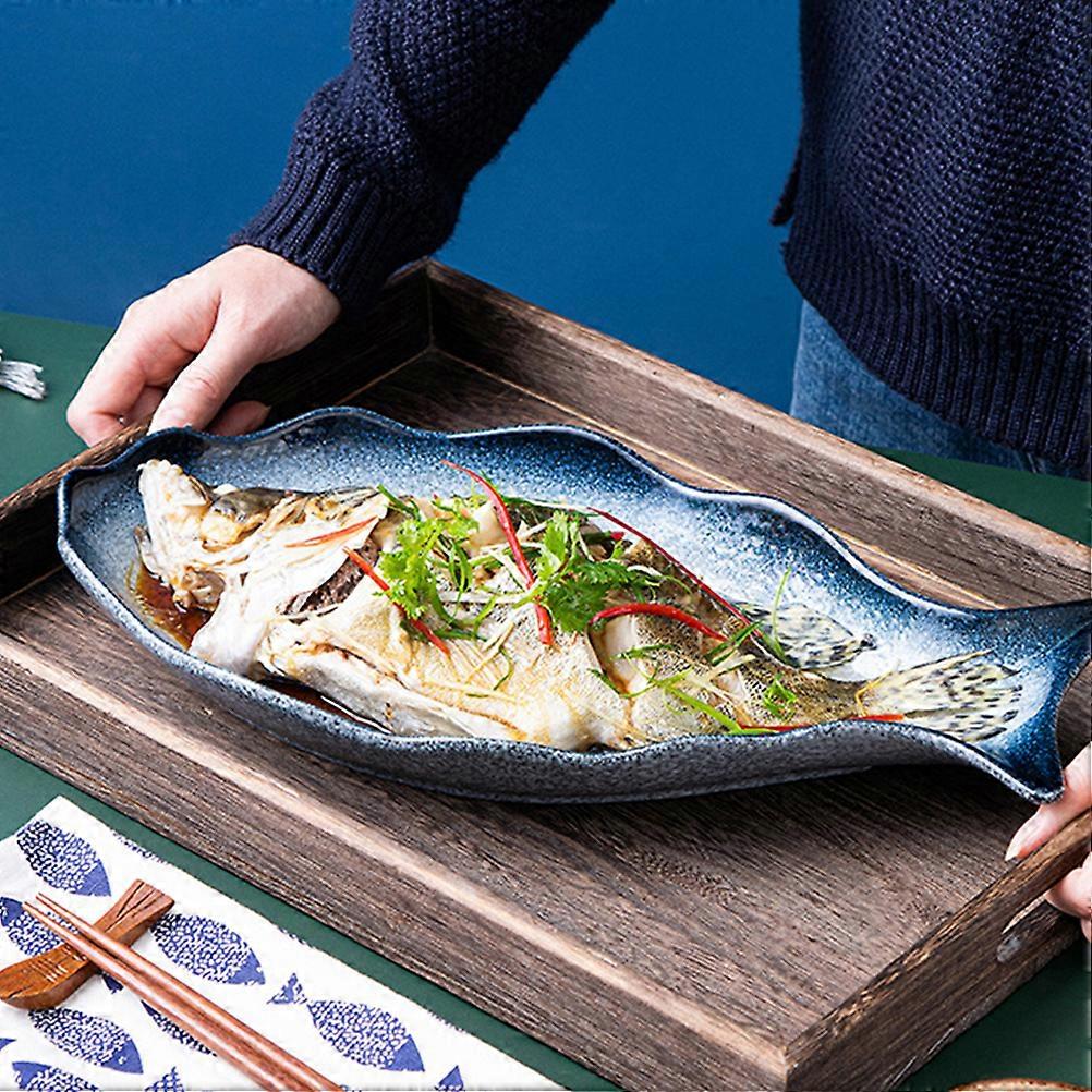 Fish Shaped Dish Plate Ceramic Steaming Tray for Kitchen 14 Inch