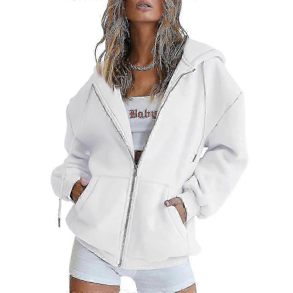Casual Loose Hooded Jacket with Full Zipper and Drawstring for Women