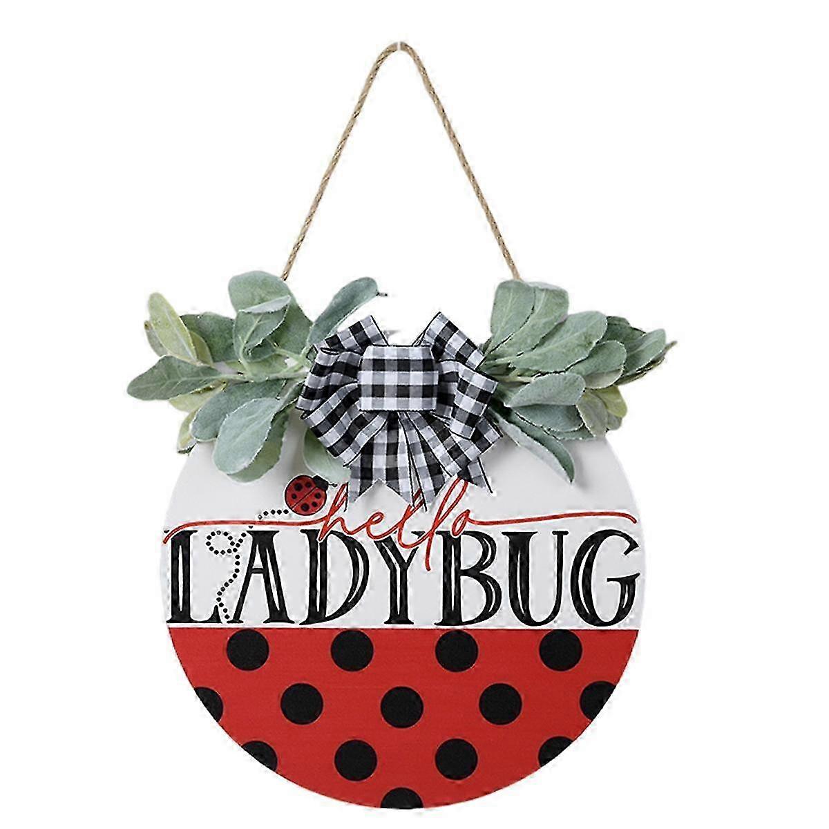 Red Spring and Summer Welcome Sign for Front Door, Rustic Ladybug Decorative Wall Sign, Suitable for Porch, Patio