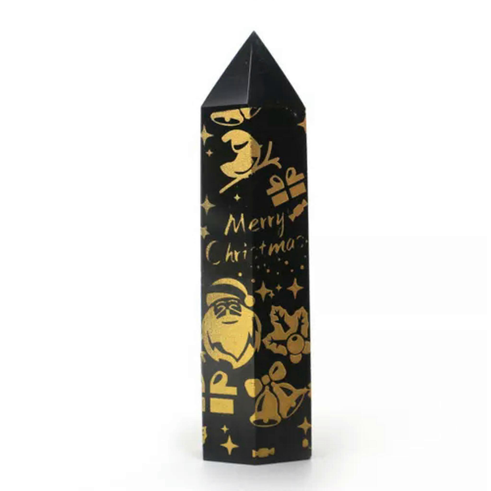 RSAMD Merry Christmas Natural Black Obsidian Printed Tower Points Rock Obelisk Wand-1PC (Random Pick)-Gold