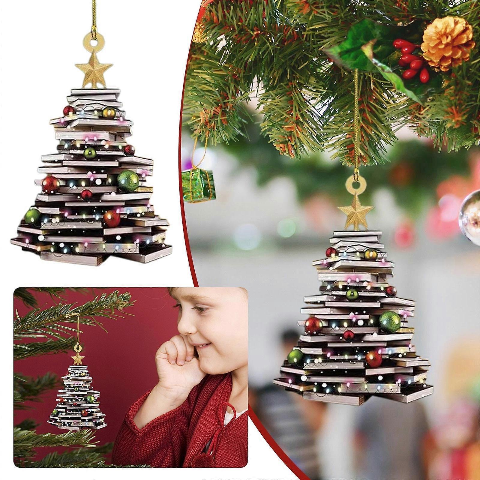 Christmas Tree Shape Bookshelf Pendant, Books Stacked Ornament, Library Ornament, Bookworm Decor (Flat 2D)