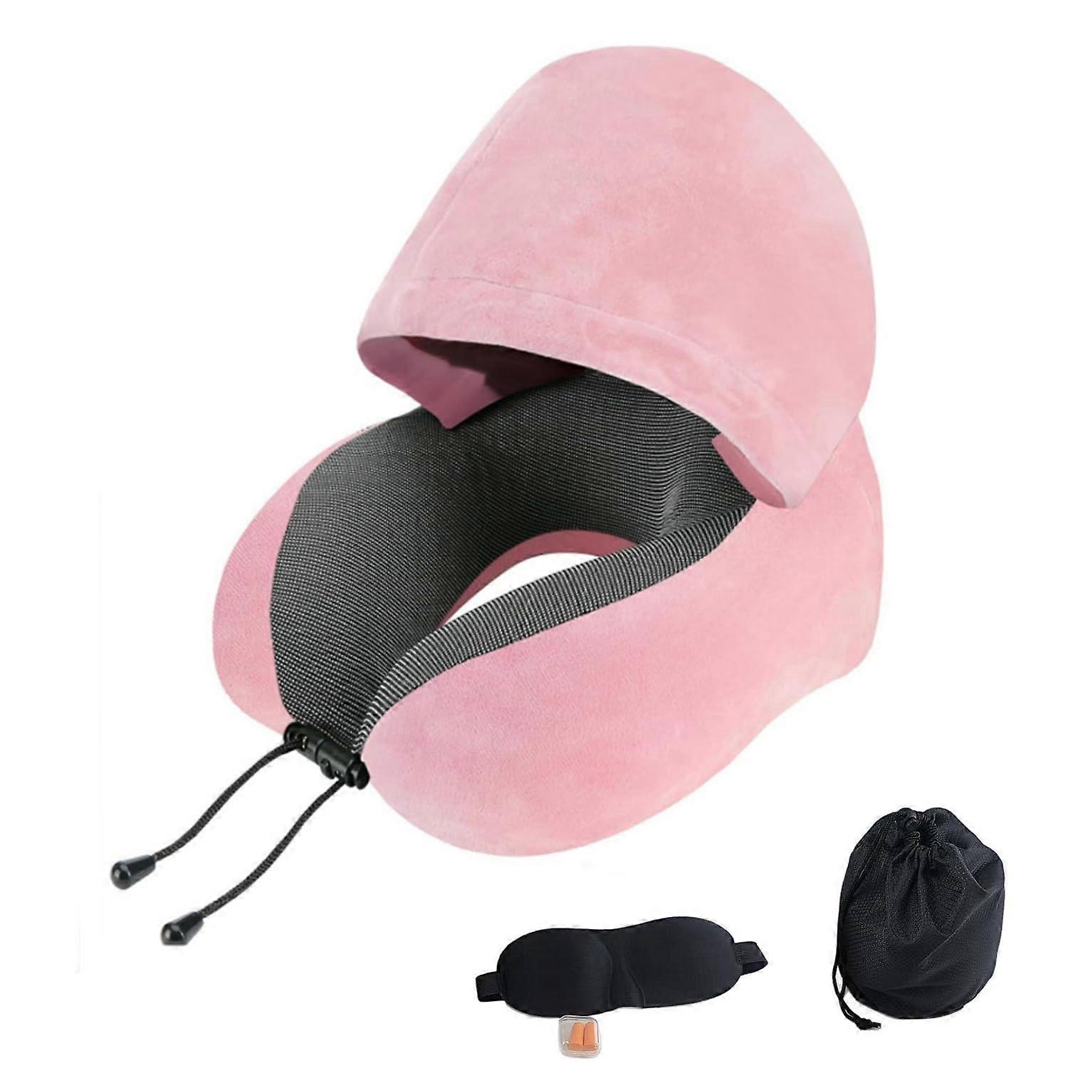 Hooded Memory Foam Travel Neck Pillow for Airplane with LightBlocking Cover and Pink UShape Design
