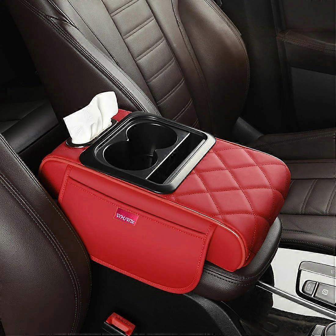 5in1 Car Armrest Cushion with Storage, Leather Center Console Organizer for SUVs and Trucks (Red)