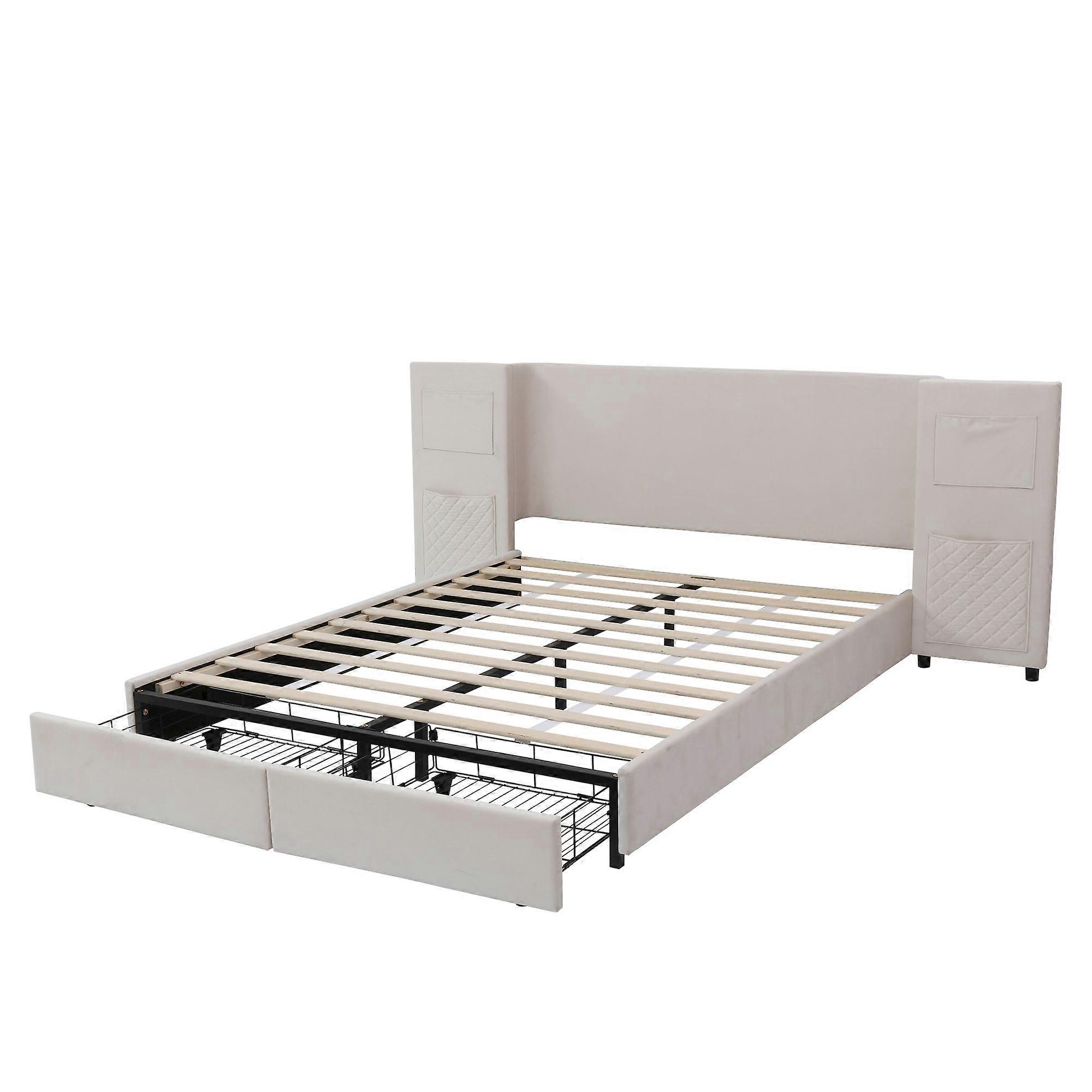 Double Upholstered Bed with Headboard Pockets and Drawers