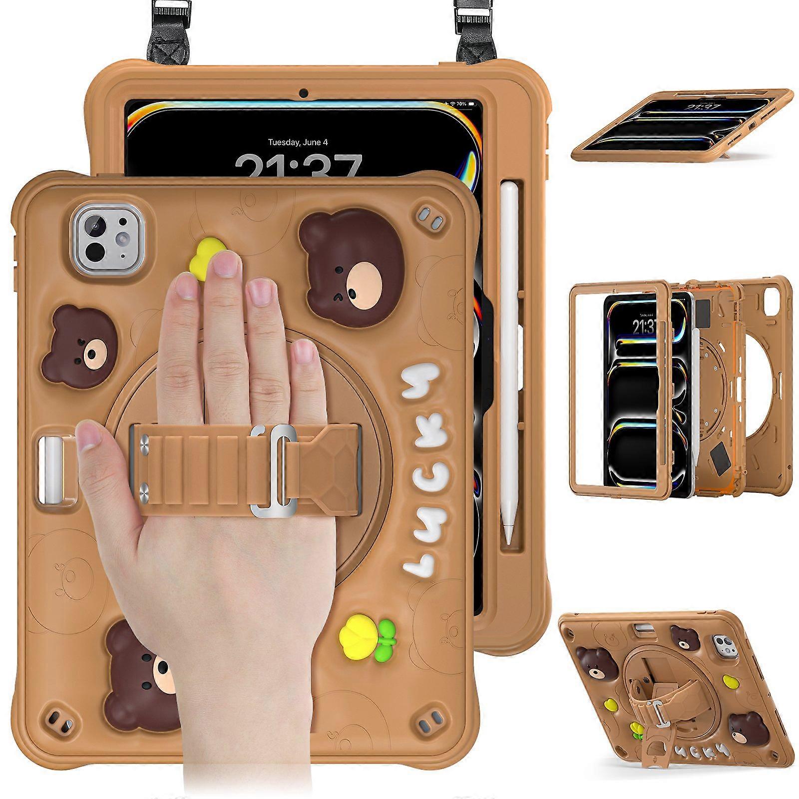 For iPad Pro 11 (2025)/11 (2024) Case with Shoulder Strap Bear Pattern PC+Silicone+TPU Kickstand Tab