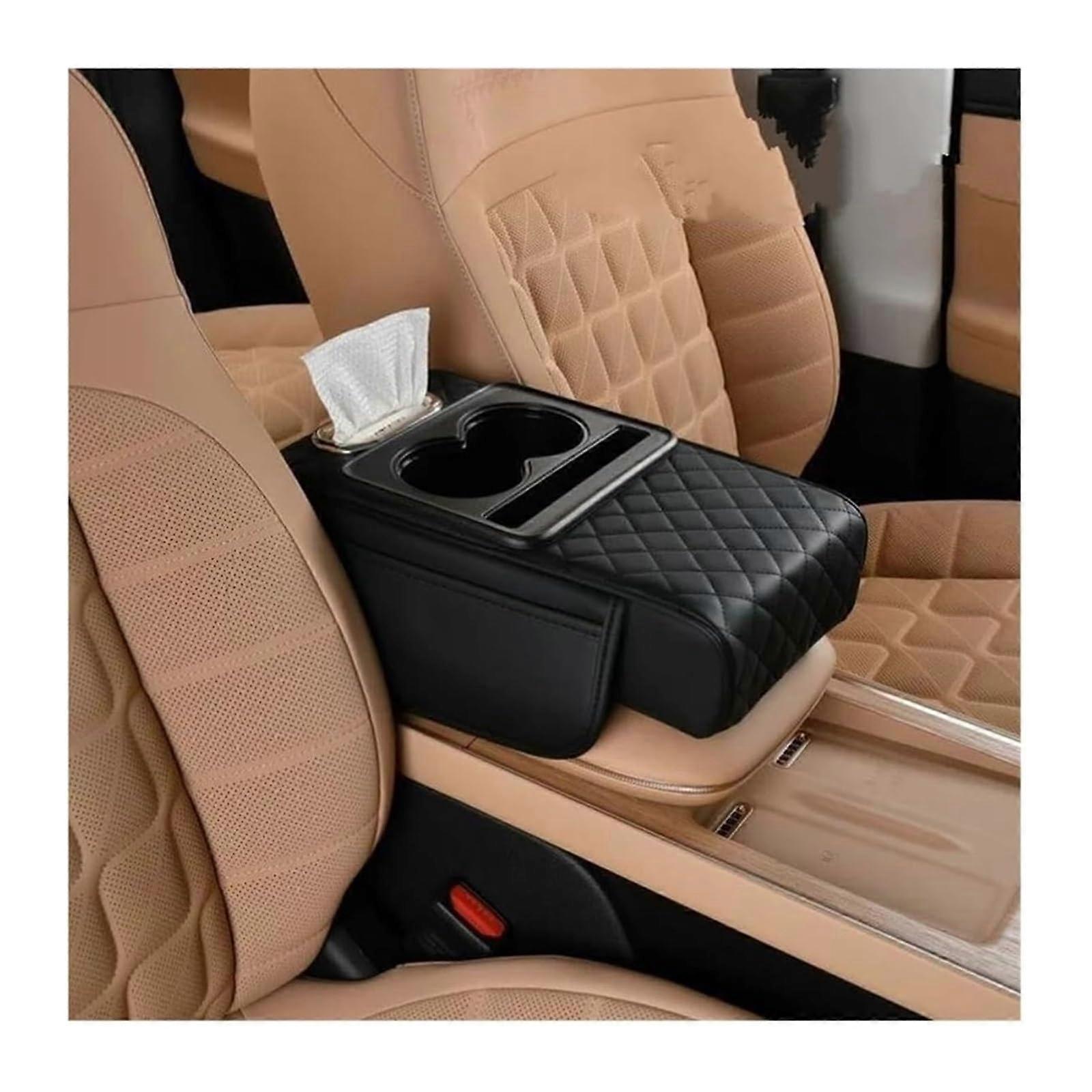 Car Armrest Box Leather Console Organizer with Cup Holder and Tissue Holder Extra Storage