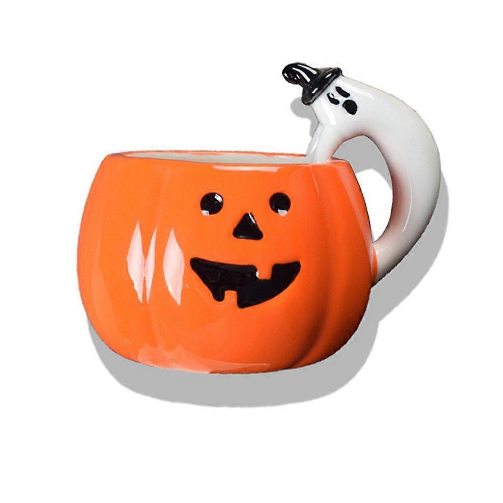 Halloween Pumpkin Mug 10oz Ceramic Cup with 3D Ghost Handle for Fall Party and Coffee Drinks