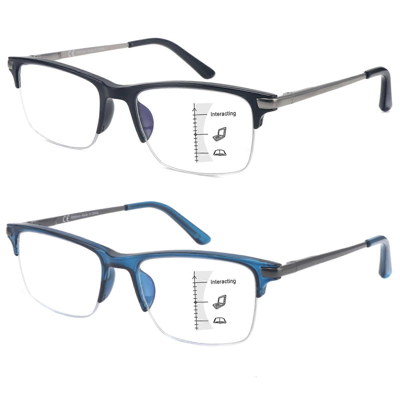 2 Pack Progressive Multifocus Reading Glasses for Men, Half Frame Blue Light Blocking Readers with Metal Spring Hinges