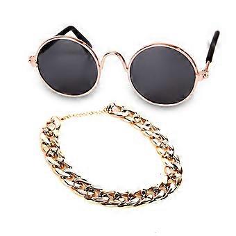 Lunettes de soleil circulaires rétro classiques pour animaux de compagnie drôles et collier de chaîne de couleur or pour chats petits chiens