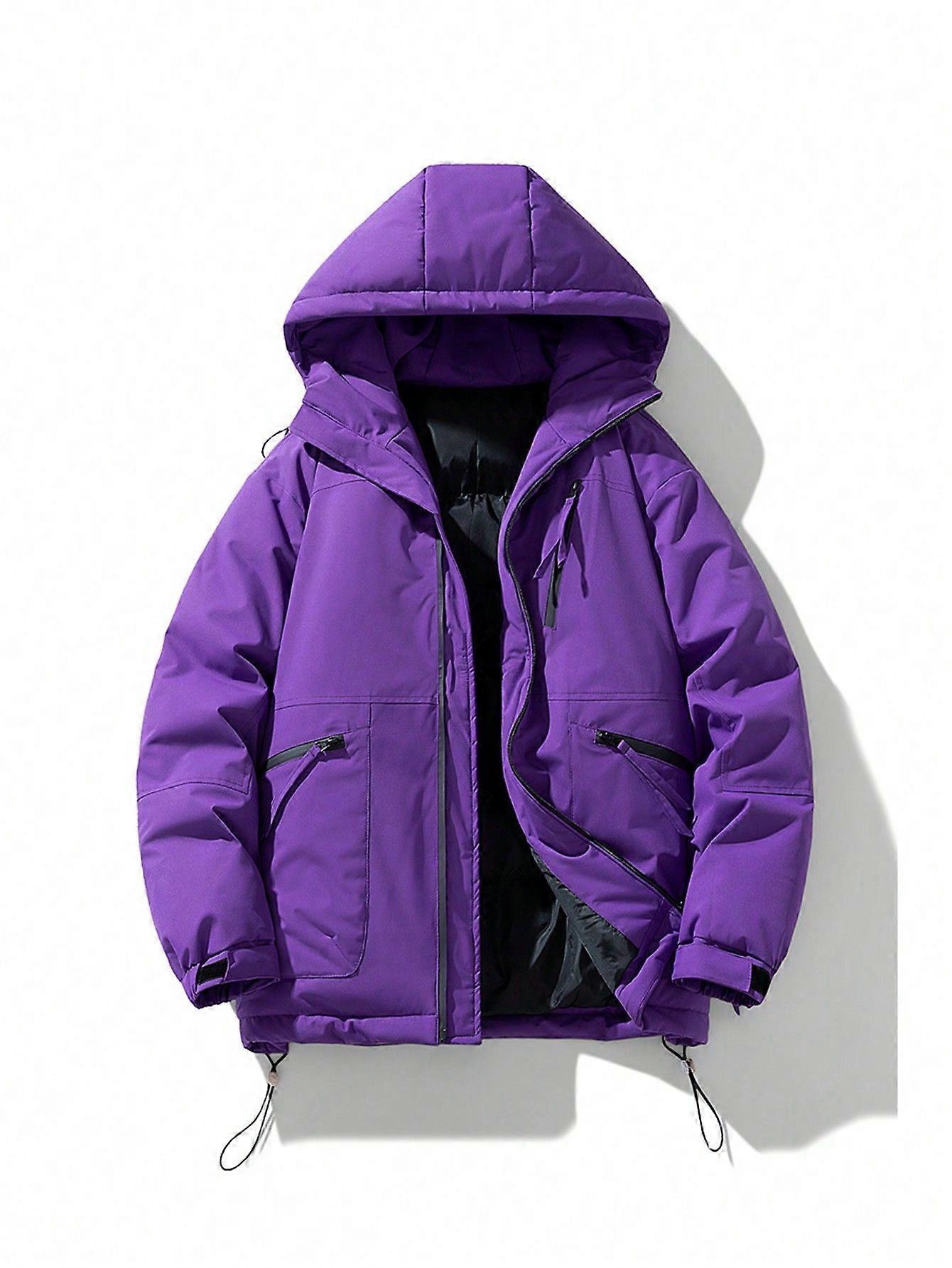 Men Drawstring Hem Zipper Hooded Winter Coat
