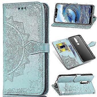Nokia 5.1 Plus Case Leather Wallet Cover Emboss Mandala Magnetic Flip Protection Shockproof - Green