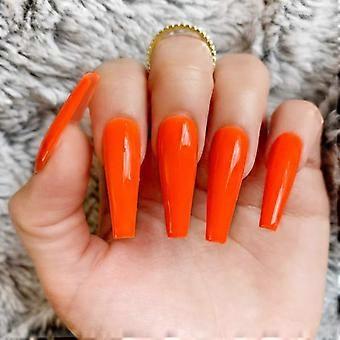 Long Coffin Orange Press On Nails Set with Glossy Finish for Women and Girls 24PCS