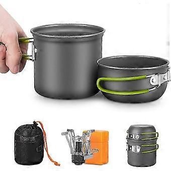 Camping Cookware Set, 2-Piece Picnic Cook Set with Aluminum Foldable Pots and Mini Stove, Portable Backpacking Kit