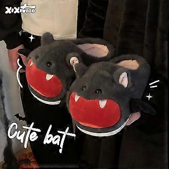 Niedliche Winterpantoffeln mit Fledermausmotiv, warme, flauschige und rutschfeste Hausschuhe, Halloween-Geschenk für Frauen und Paare