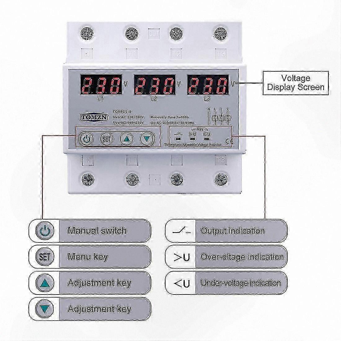 3-Phase Adjustable Voltage Protector, 63A 380V Over/Under Safety Reset Solution
