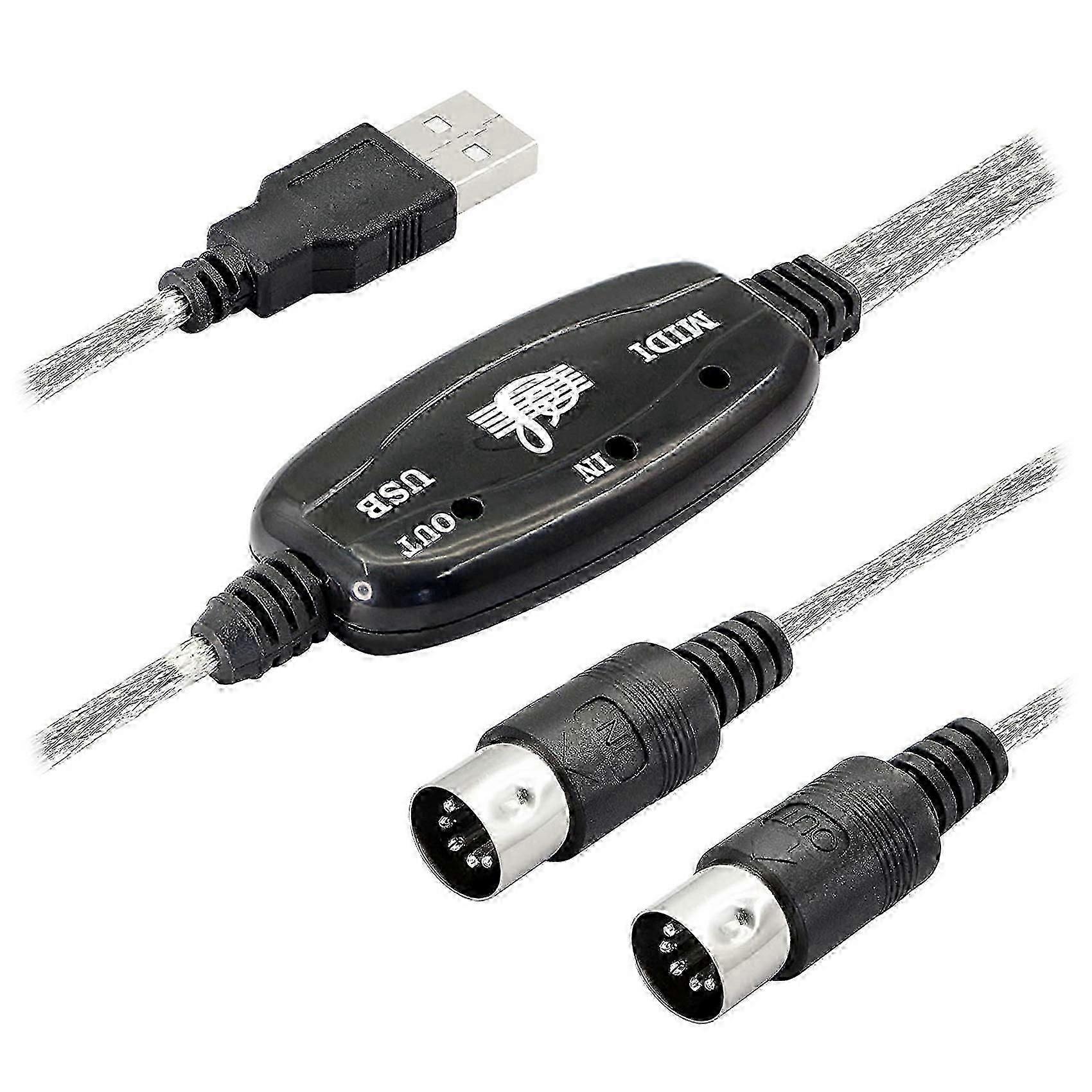 USB MIDI cable adapter. USB-A plug to MIDI DIN 5-pin input/output cable with LED indicator.