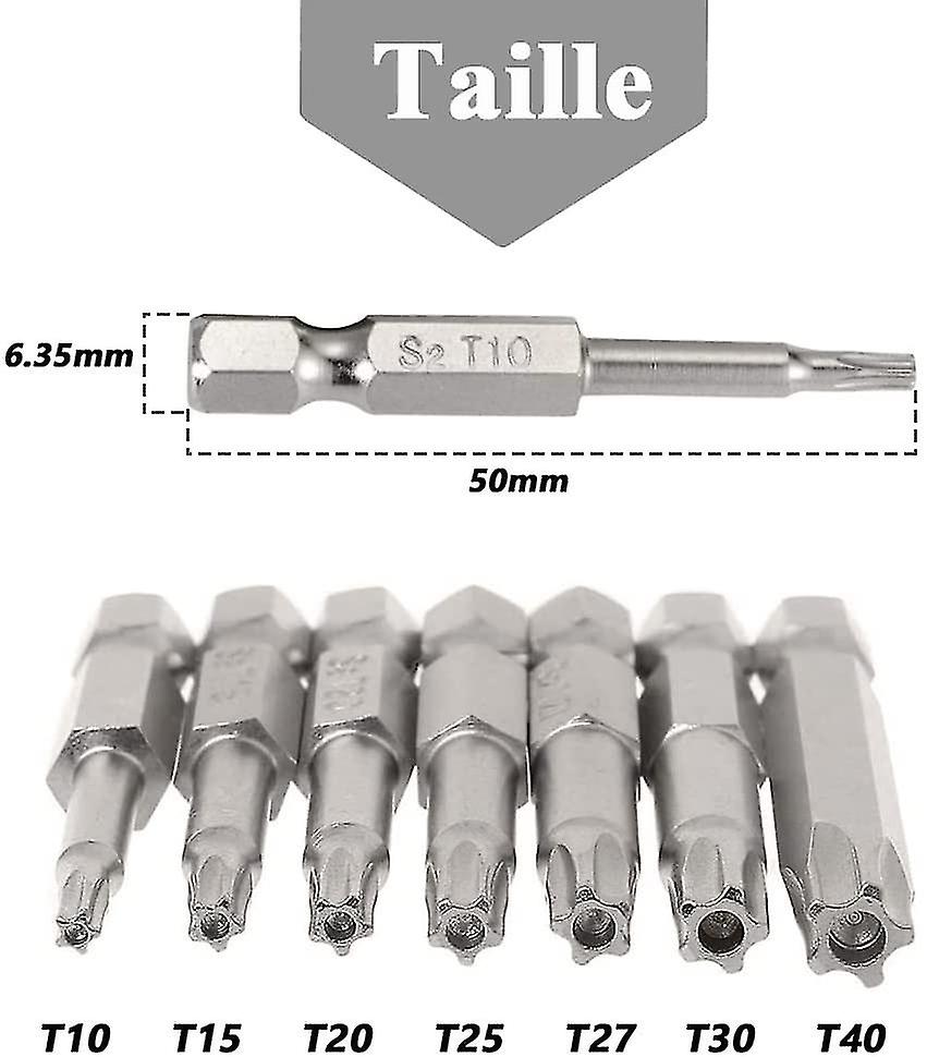 Pxcl 1 Sets 7pcs Hex Shank Star Head Magnetic Screwdriver Bits 6.35mm Bit Set, S2 Steel T10-t40 Screwdriver Bits 50mm