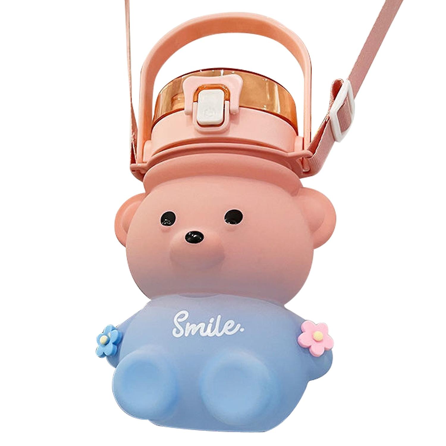 Gradient Pink Bear Water Bottle with Straw 1400ML - Portable
