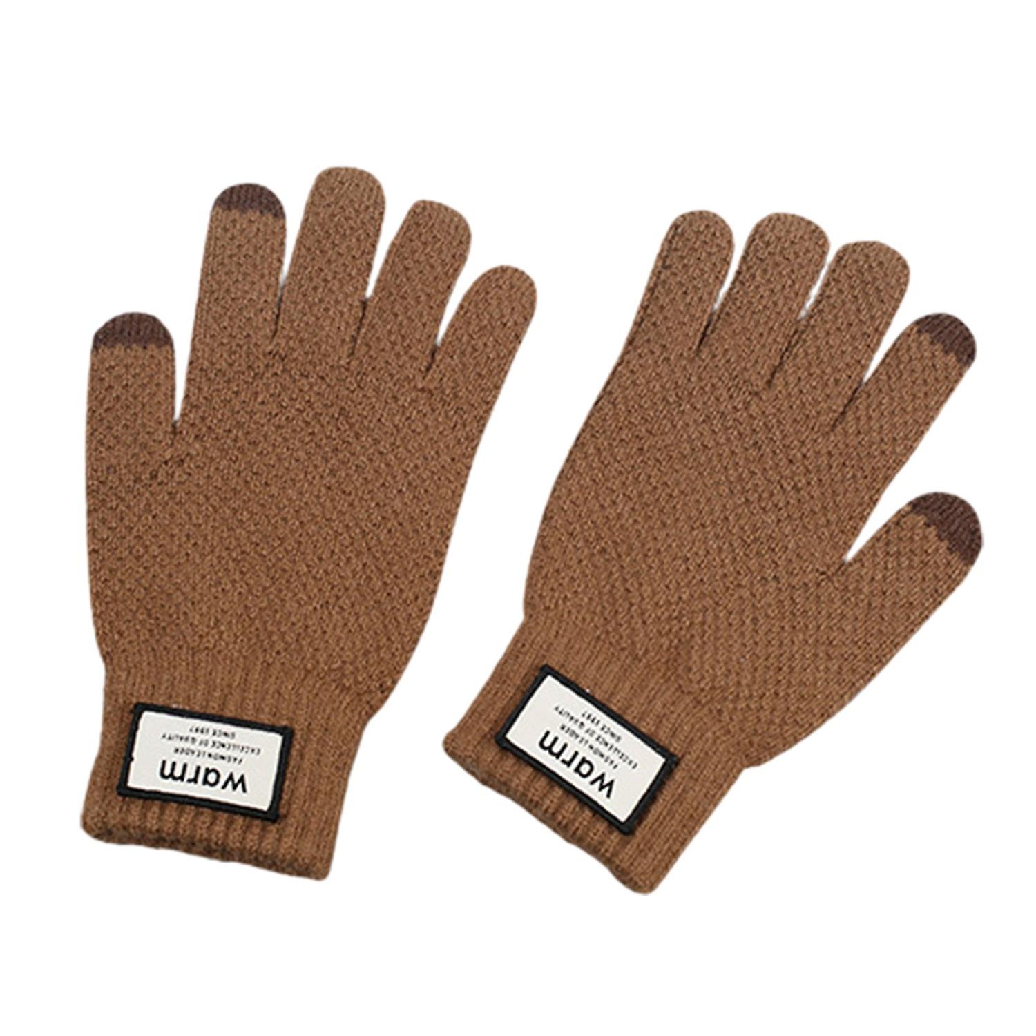 1 Pair Winter Gloves Knitted Touch Screen Stretchy Fleece Lining Thread Cuff Cold Resistant