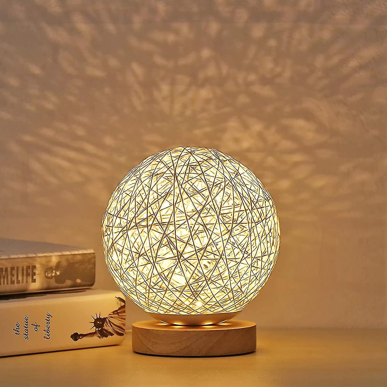 Wooden Table Lamp, Led Night Light With Hand Knitted Wicker Rattan Spherical Ball And Usb Charger Fo