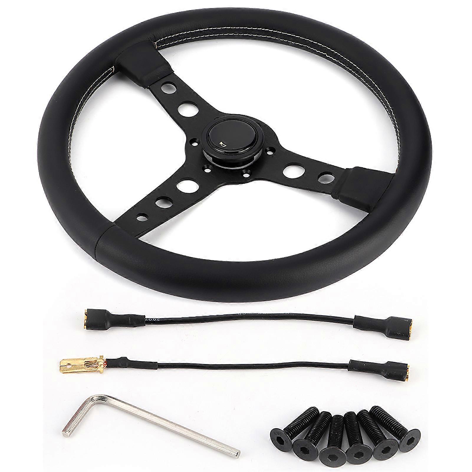 350mm/14in for MOMO Prototipo Style 6Bolt Black Leather Racing Steering Wheel Gray Stitching with Horn Button E2U011