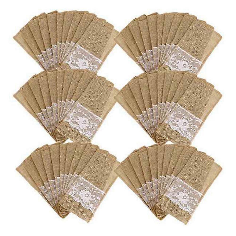 100Pc Burlap Lace Cutlery Pouch Rustic Wedding Tableware Knife Fork Holder Bag Hessian Table Decora