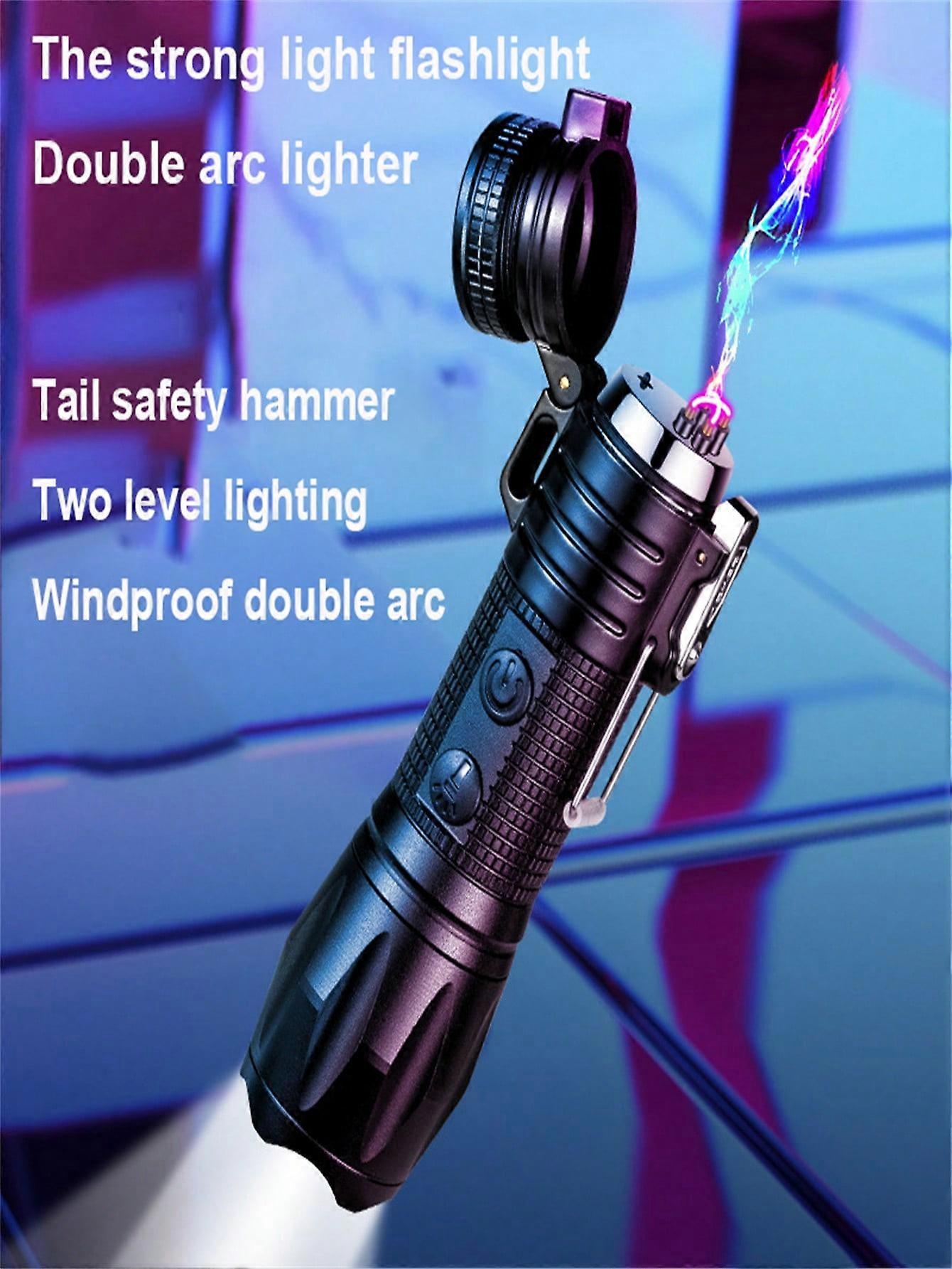 1pc Outdoor Portable Rechargeable Dual Arc Windproof Lighter and Flashlight Multi-function Strong Light Flashlight
