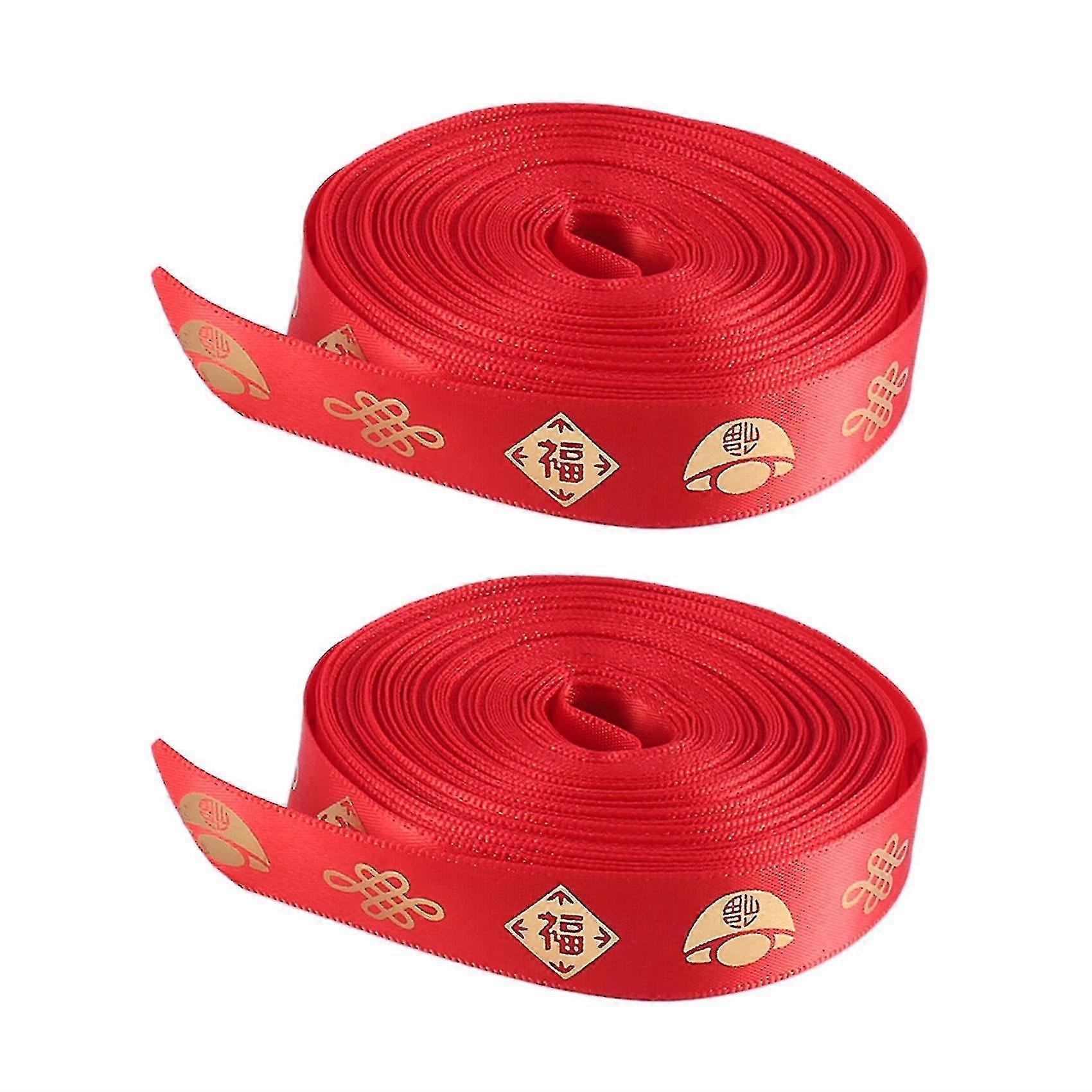 2 Pcs Red Polyester Ribbons Chinese New Year Theme Ribbon Flat Satin Ribbon With Character Compatible With Craf