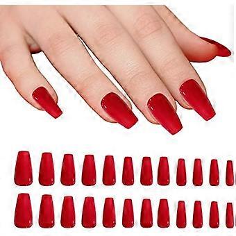 False Nails, 24PCS Red Long Coffin Bellarine Tapered Full Cover Glossy Fake Nails, Solid Color Artificial Finger Manicure for Women Girls Nail Decorat