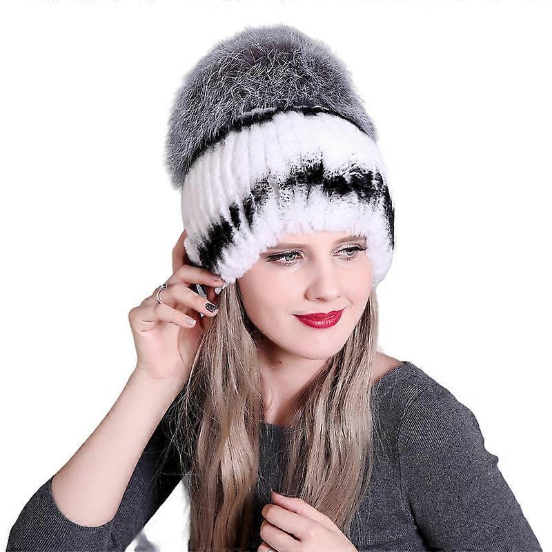 MIMIGO Multicolors Rex Rabbit Fur Hat Women's Beanies with Silver Fox Fur Pom Pom Warm Knitted Liner