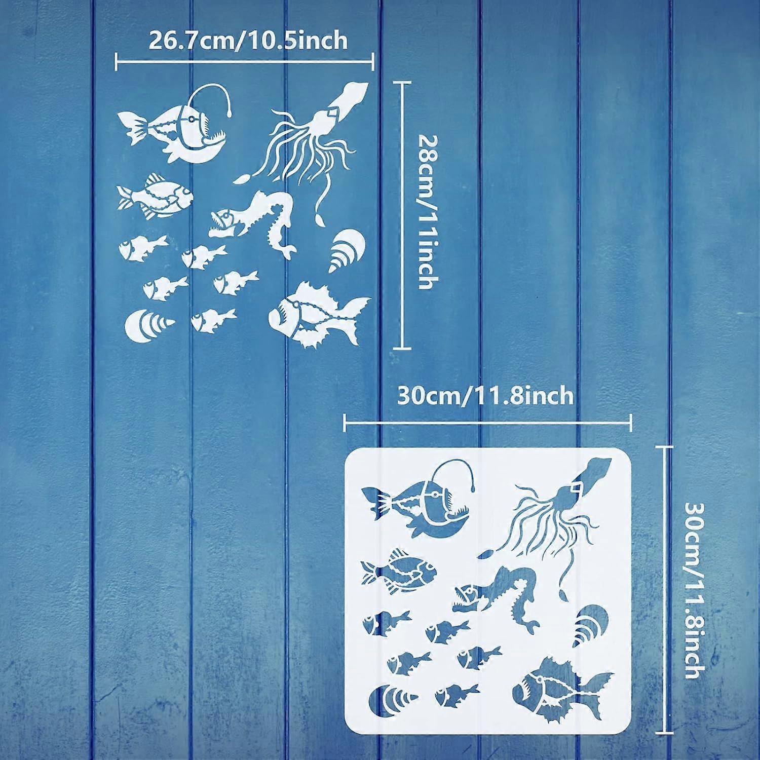 Fish Stencil for Painting 11.8x11.8inch Reusable Sea Fish Sea Snails Octopus Pattern Drawing Template Summer Marine Life Stencil for Painting on Wall 
