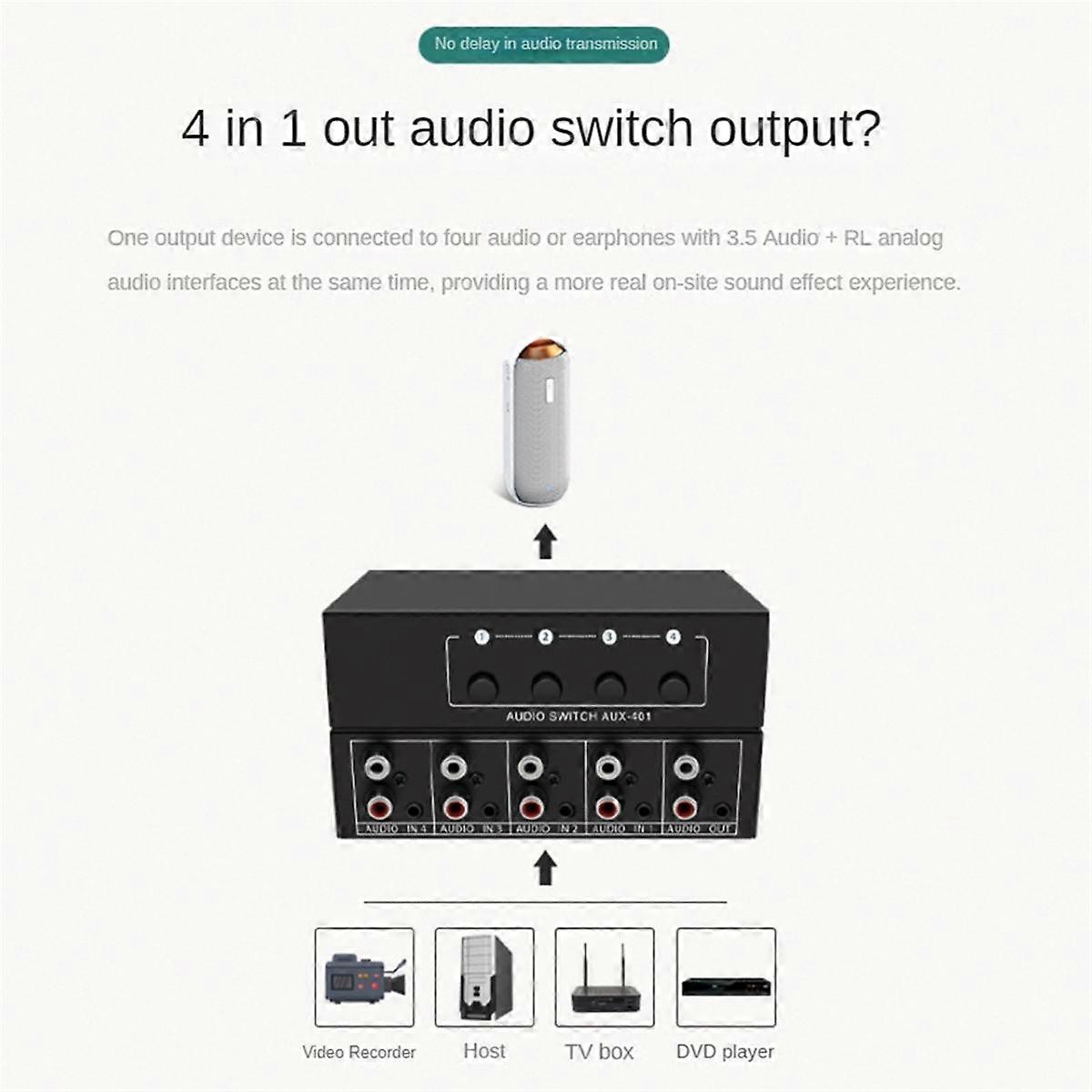 AUX Audio Přepínač 4 v 1 Výstup Stereo Audio Volič 4X1 3,5 mm Aux L / R Audio Switch Box Analogový Audio Volič, A