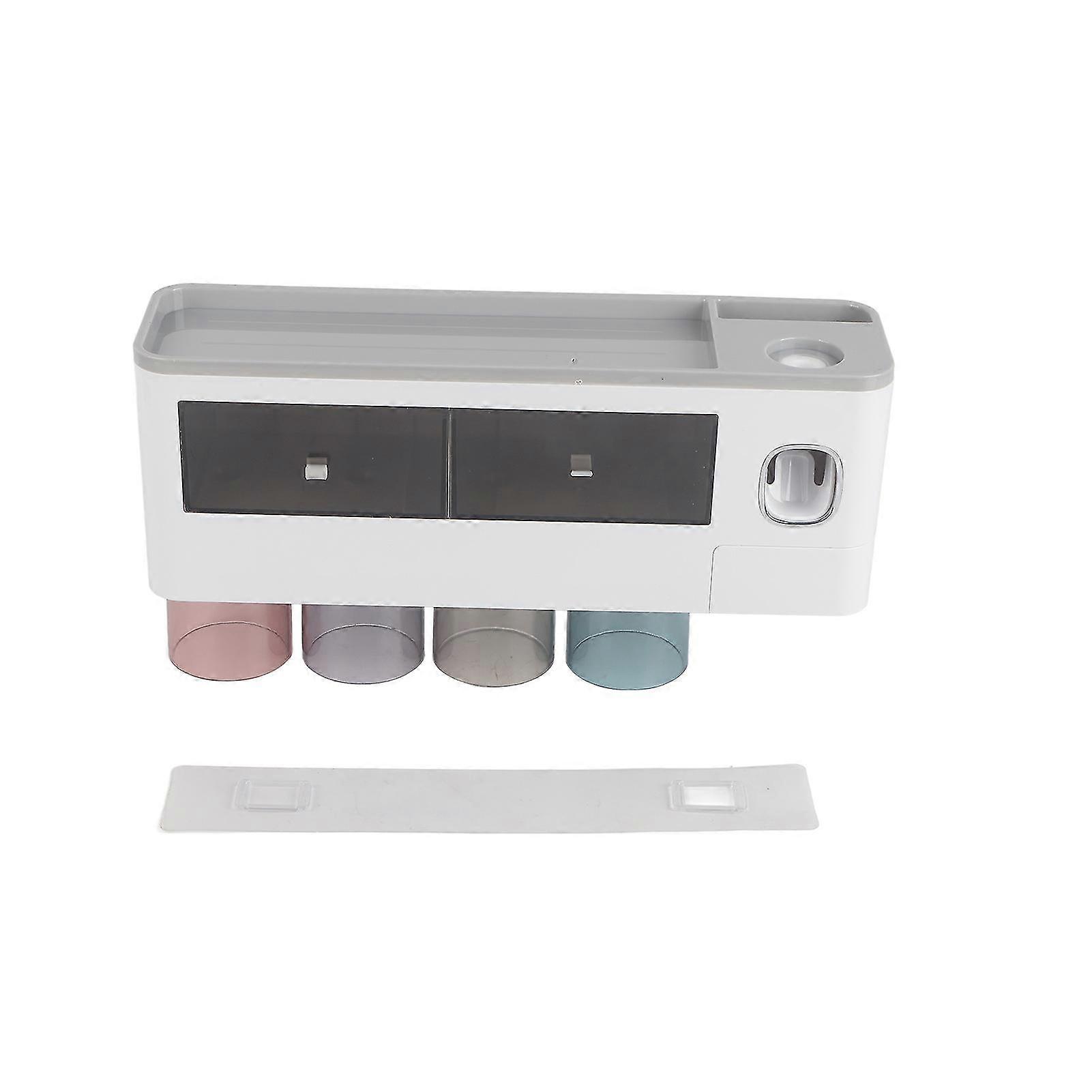 Magnetic Toothbrush Holder with Inverted Storage Rack and Toothpaste Squeezer - 4 Clear Grey Cups