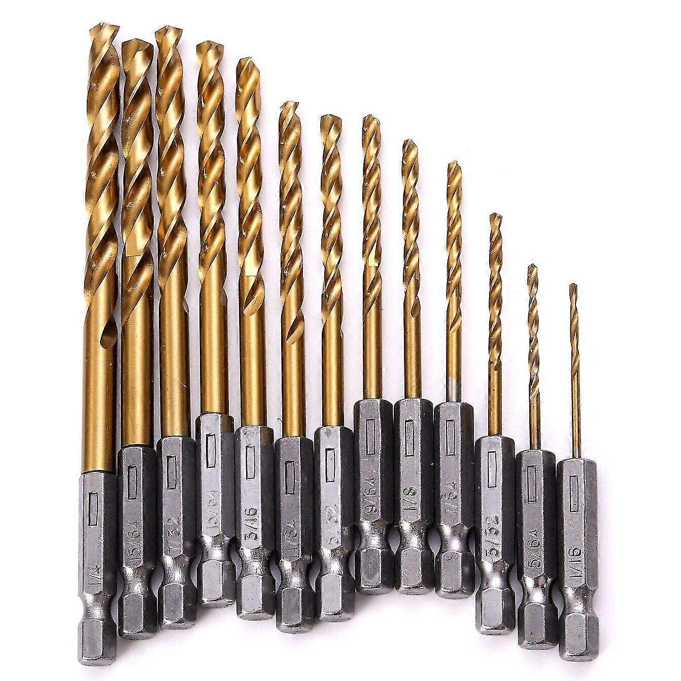 13PCS HSS Twist Drill Bit Set Metal Titanium 1/16"-1/4" Hex Shank Bits Kit