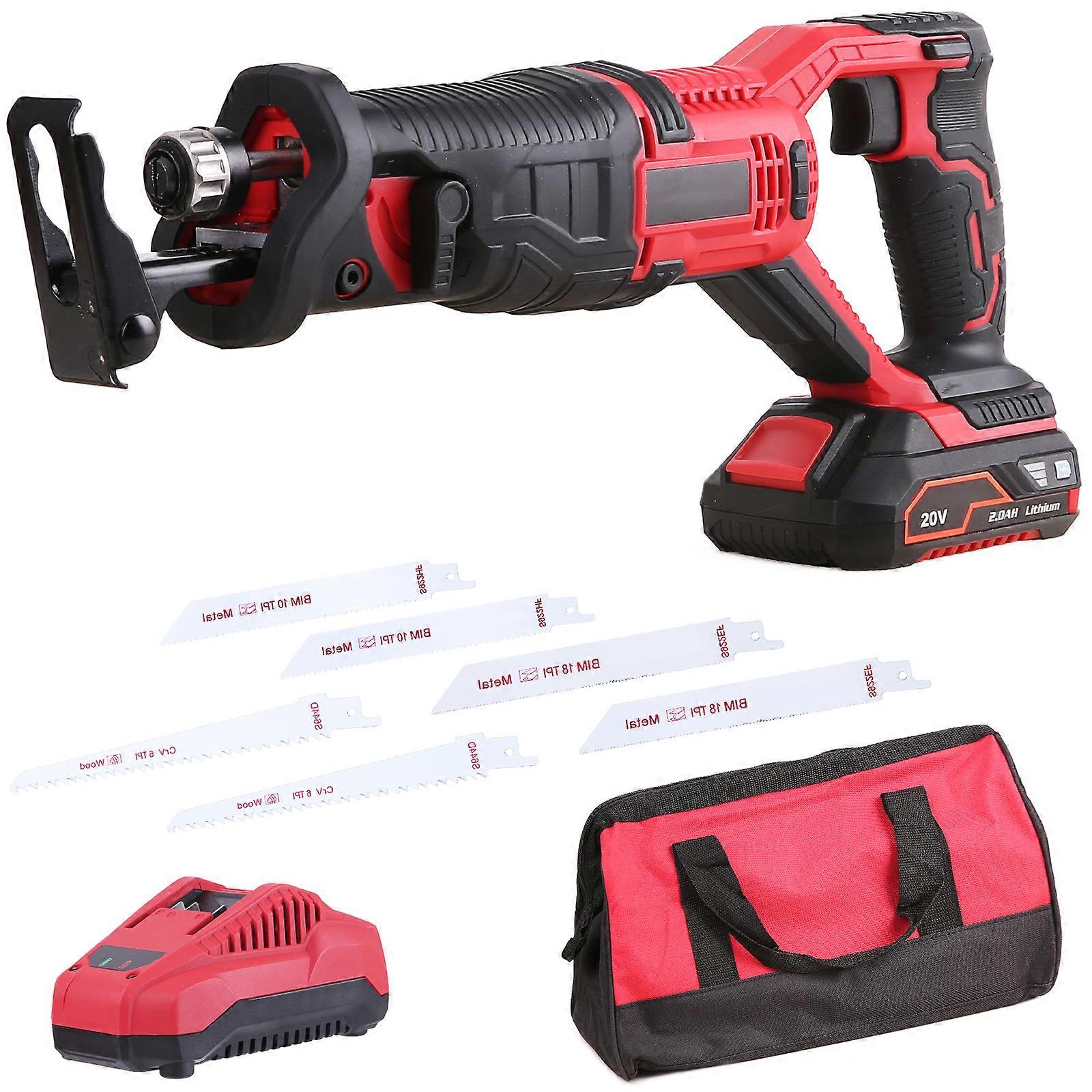 20V Cordless Reciprocating Saw 2.0Ah Lithium Battery Pack 0-3000RPM Variable Speed 6 Saw Blades UK