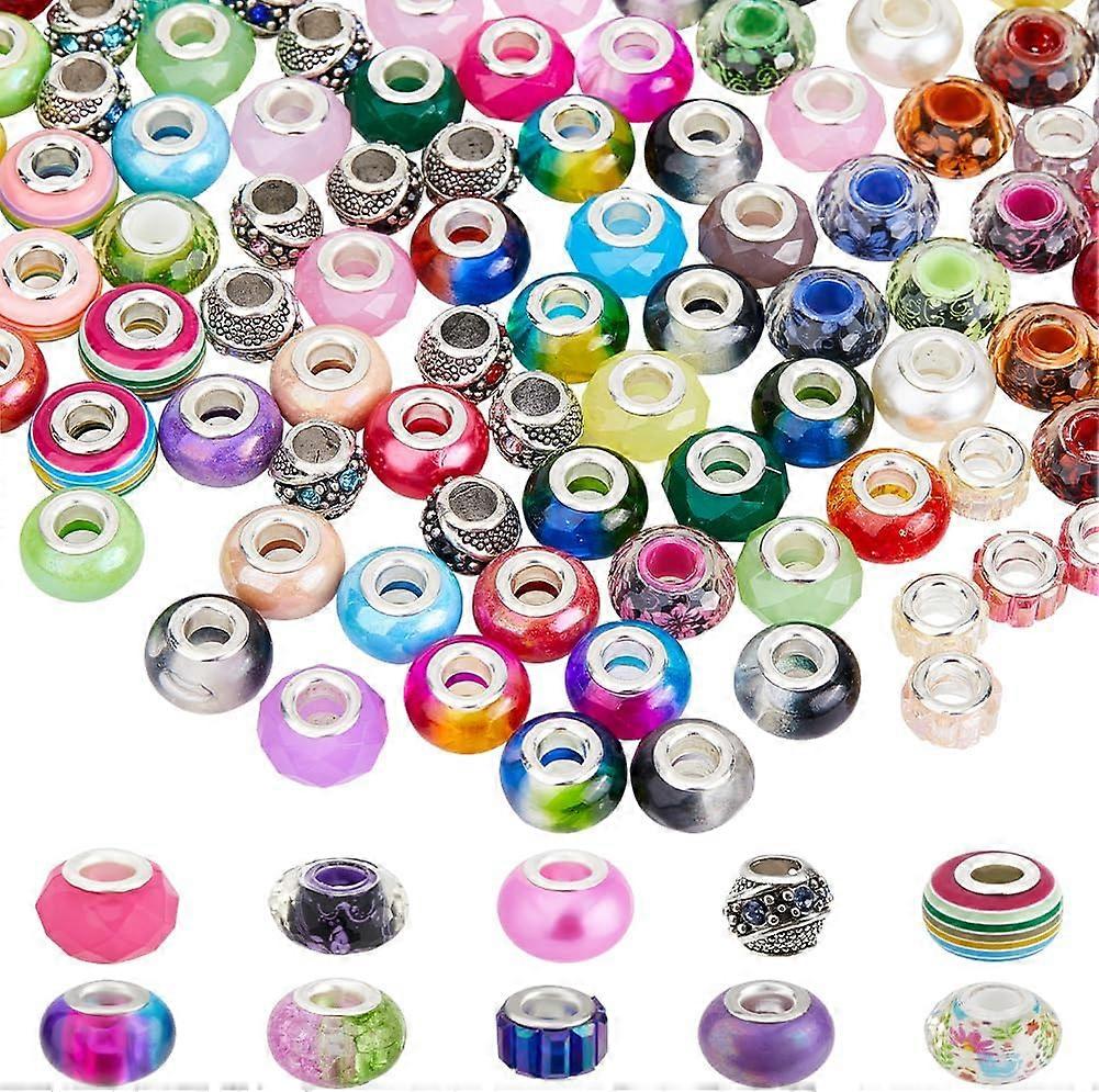 250Pcs 10 Styles Resin European Beads and Alloy Rhinestone European Beads Large Hole Beads Imitation Porcelain Rondelle/Barrel Mixed Color 10~14x6~9mm