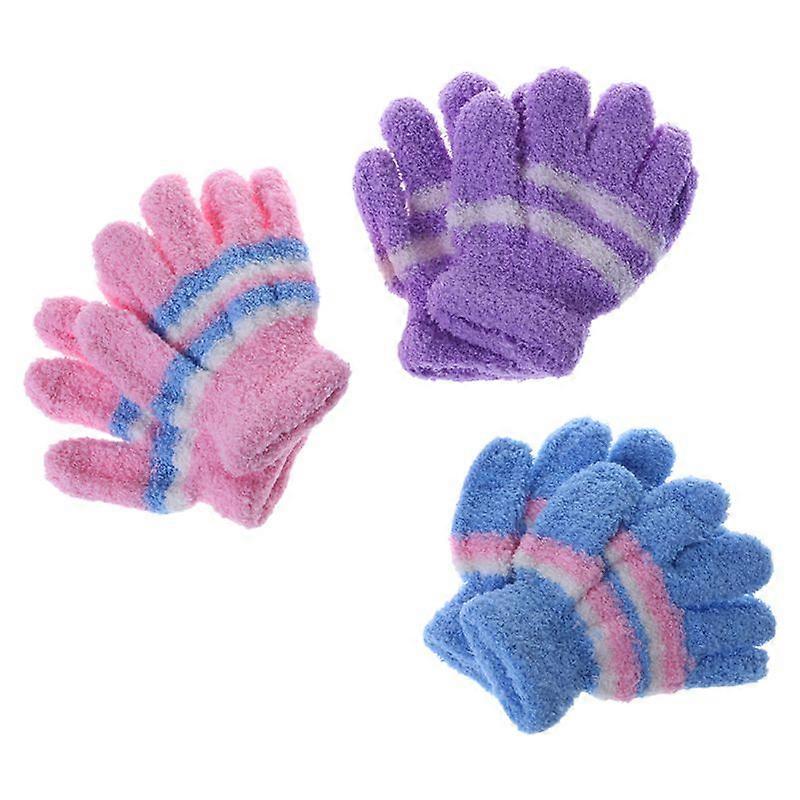 Lined Plush Stripe Mitten Random Color Gloves Winter Warm Full Finger Gloves