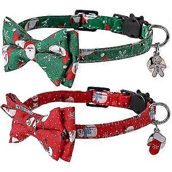 2 Pack Christmas Cat Collar Breakaway With Removable Bow Tie With Bell Adjustable Christmas Pattern