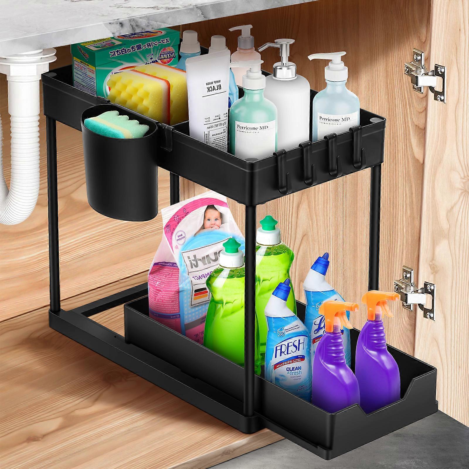 Hemoton Under Sink Organizer Bathroom Cabinet Storage 2 Tier Multi-purpose Under Sink Shelf Under Sink Storage Rack with Hooks for Bathroom Kitchen