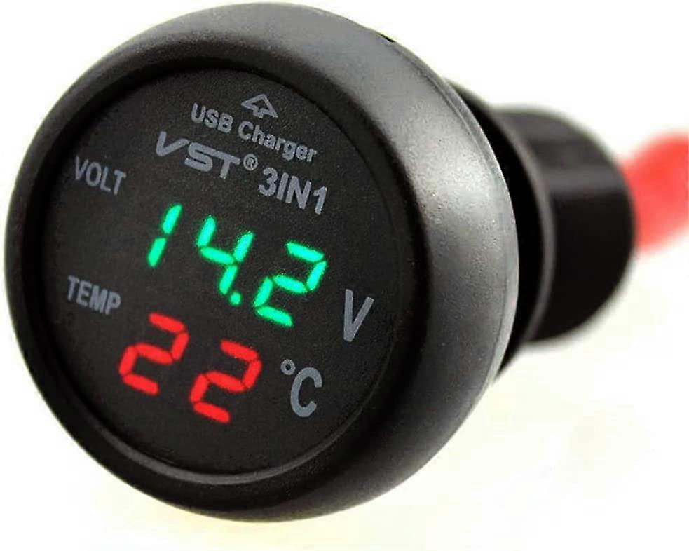 Car Voltmeter, 3 in 1 12-24V Car Thermometer Car USB Charger Voltmeter with LCD Digital Display Panel Temperature Tester Voltage Meter for Cars and Tr