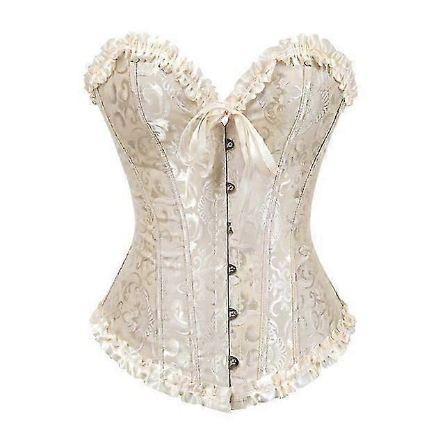 Women Satin Plum flower Pattern Lace up Back Overbust Deep V Corset Bustier Lingerie