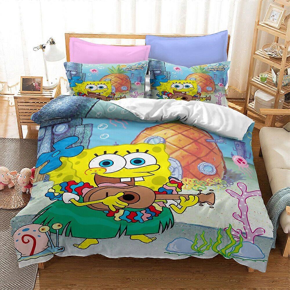 v449 Lençóis Bob Esponja Colcha Edredom Dona Capa Fronha Conjunto de Cama Conjunto de Cama de 3 Peças (1 Capa de Edredom + 2 Fronhas) y449