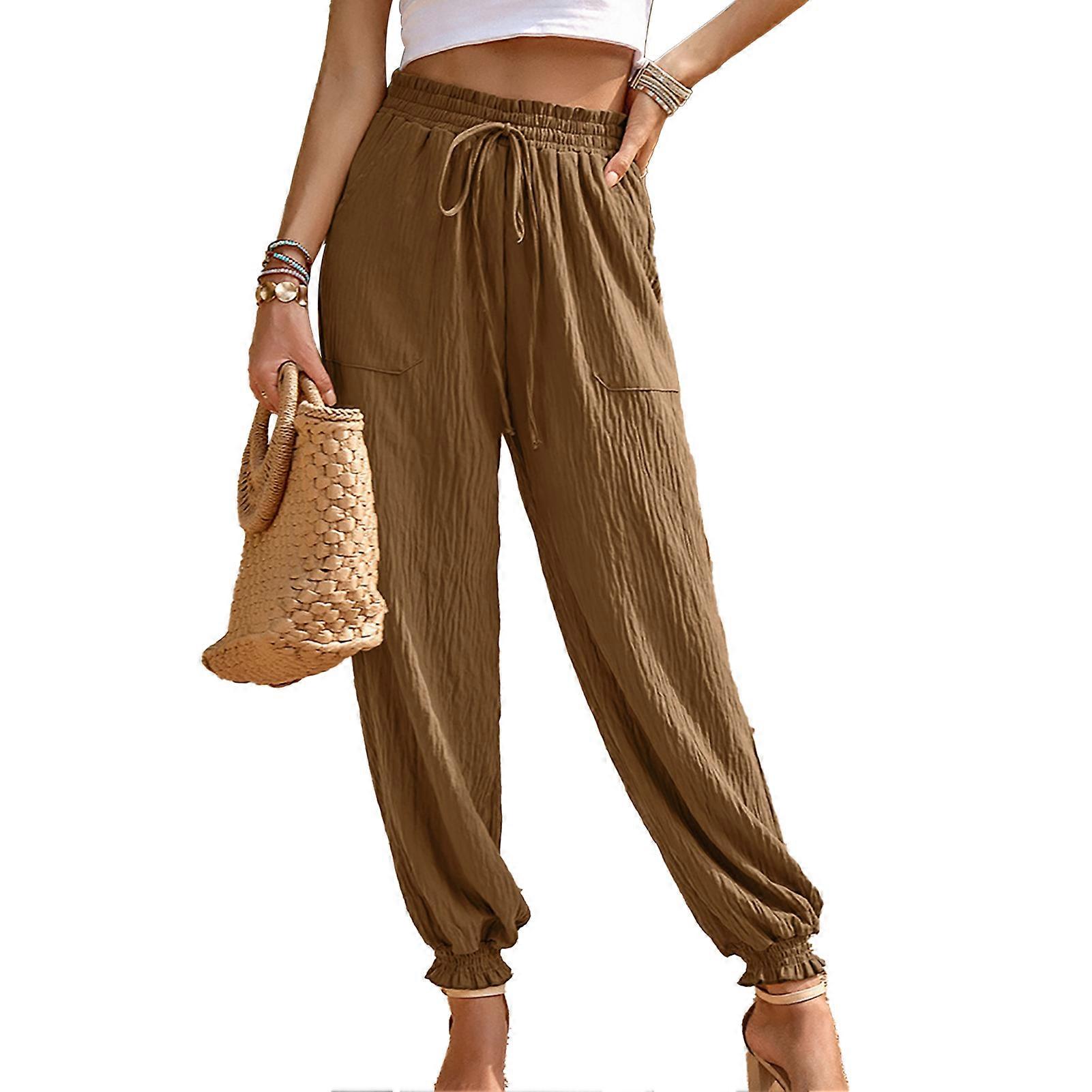 Women High Waist Long Pants Elastic Waist 2 Pockets Ankle Tie Brown