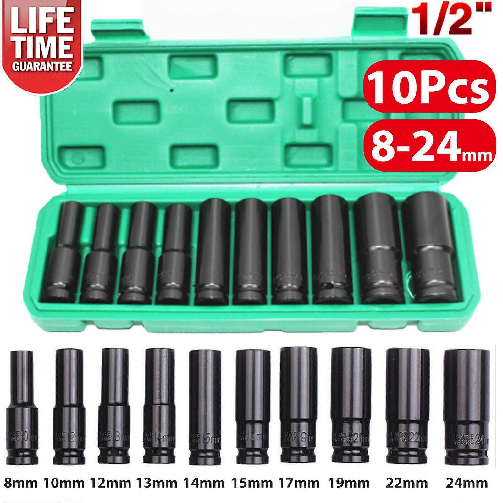 10 x SOCKET WRENCH SET 1/2" 8-24 mm SOCKETS NUT SET HEXAGON LONG NUT